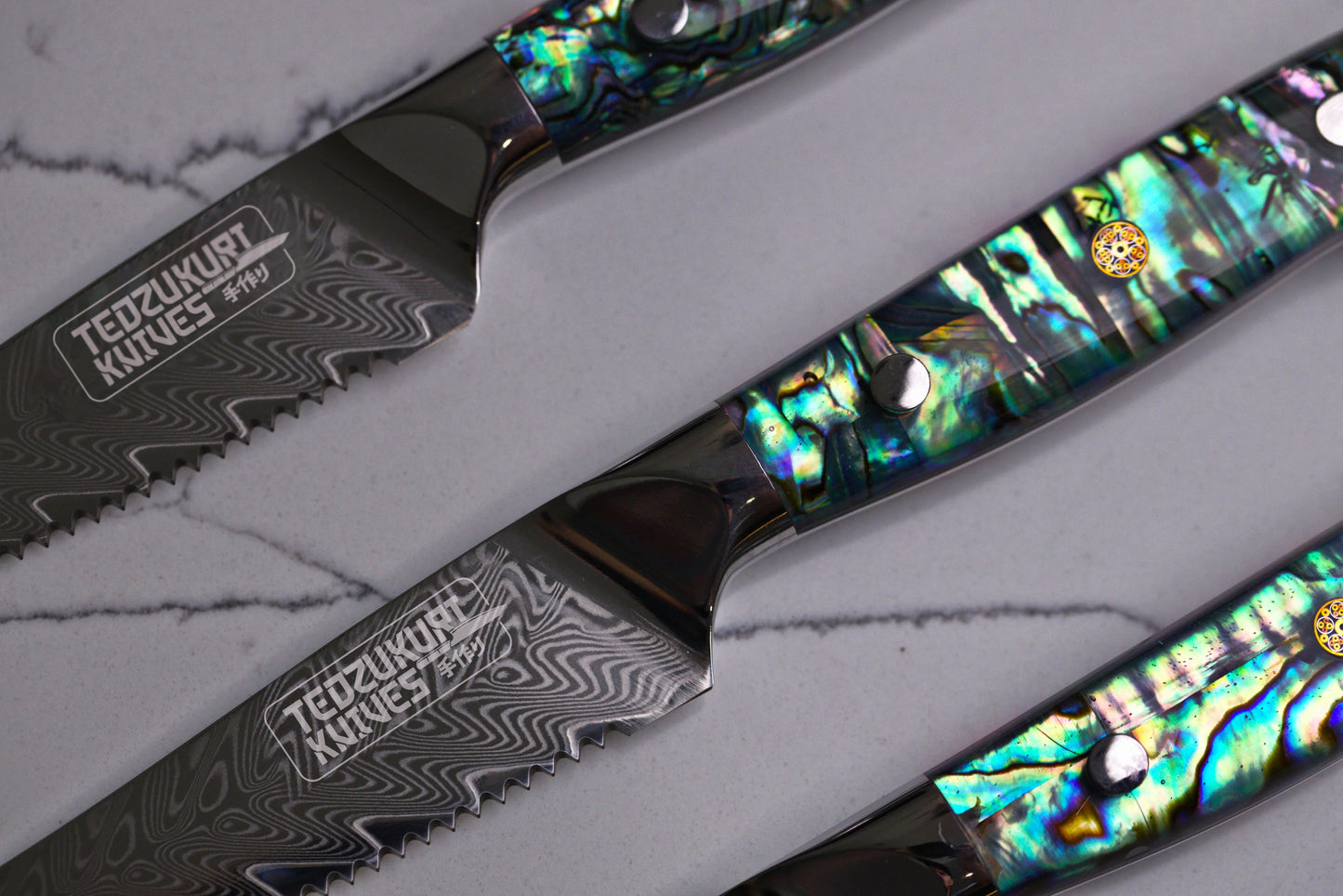 Awabi Steak Knives - 67 Layer Japanese Damascus with Abalone + Acrylic
