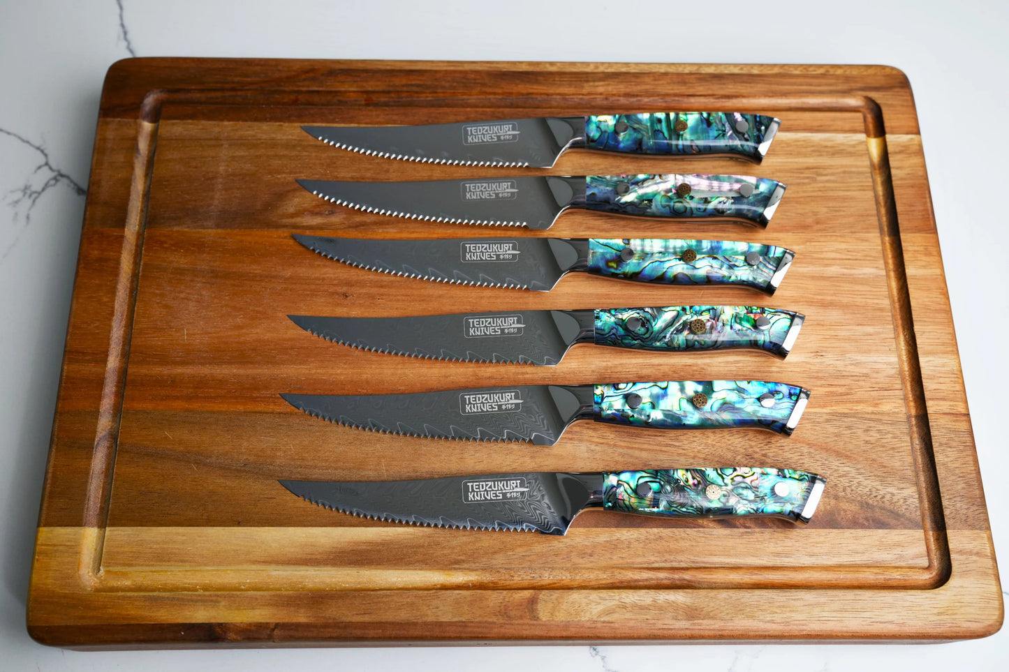 Awabi Steak Knives - 67 Layer Japanese Damascus with Abalone + Acrylic