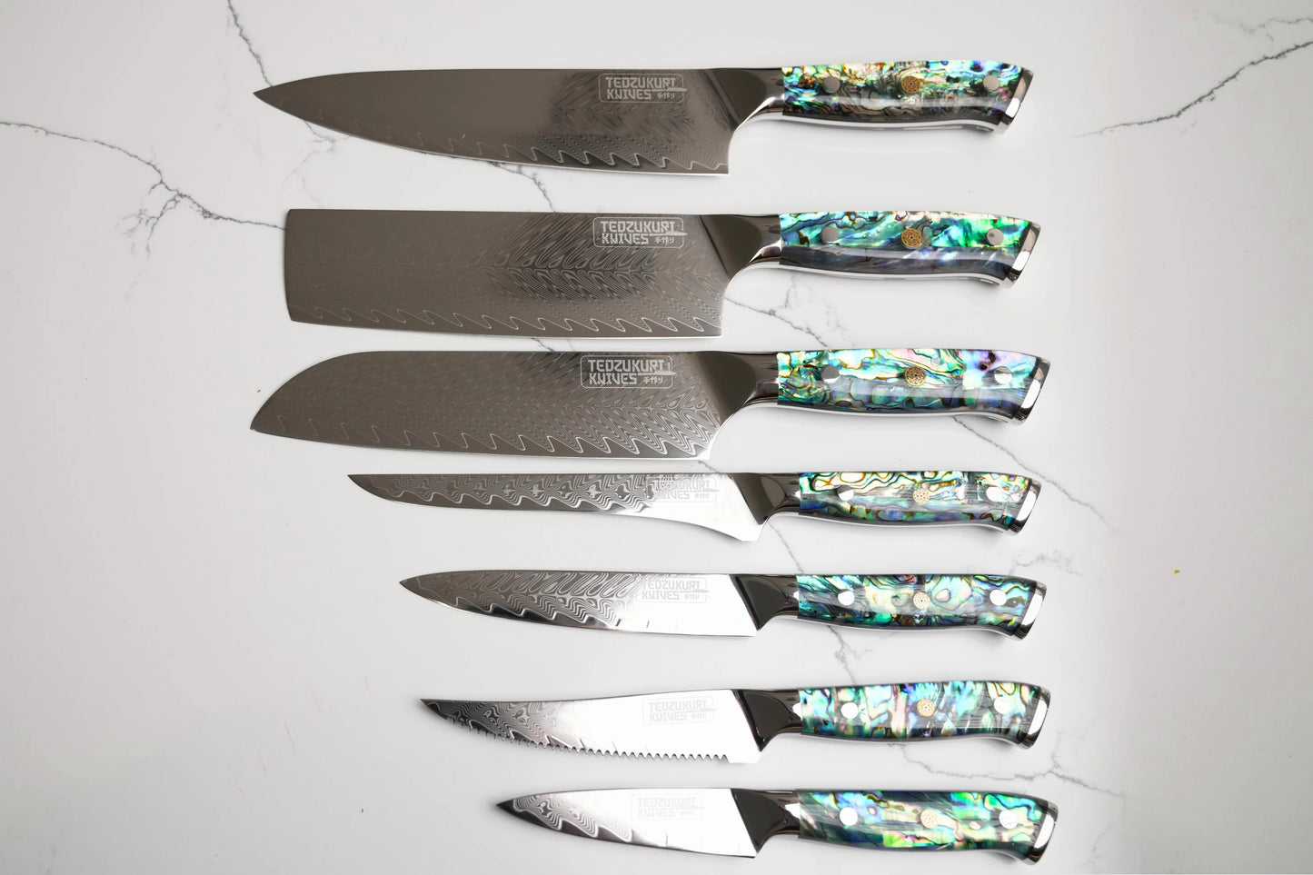 Awabi 7 Piece Set - 67 Layer Japanese Damascus with Abalone + Acrylic