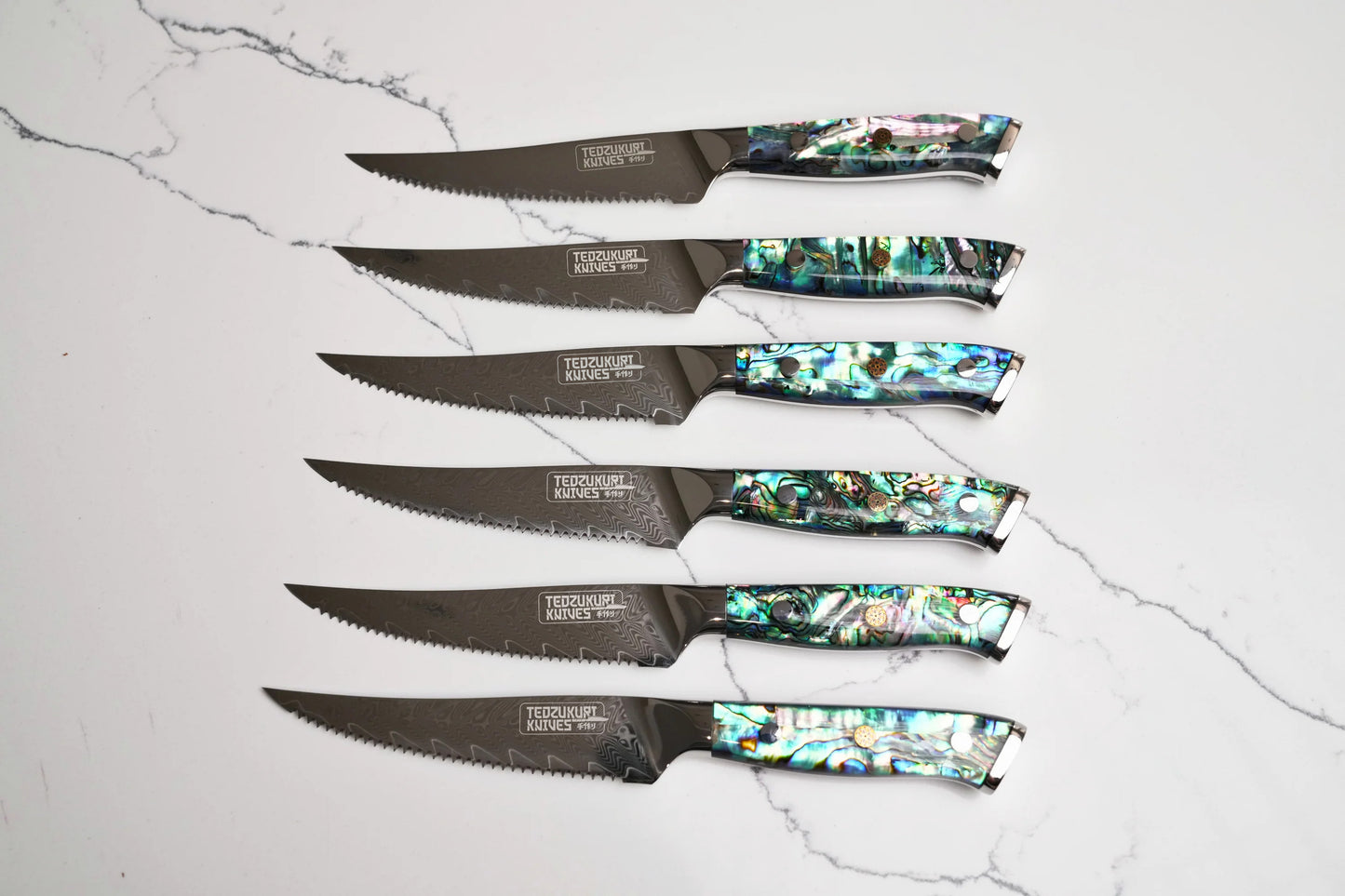 Awabi Steak Knives - 67 Layer Japanese Damascus with Abalone + Acrylic