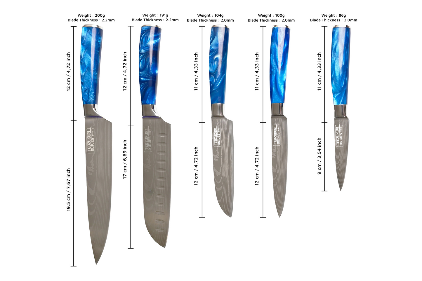 Epokishi 3,5 & 7 Piece Set - High Carbon Stainless Steel with Blue Acrylic