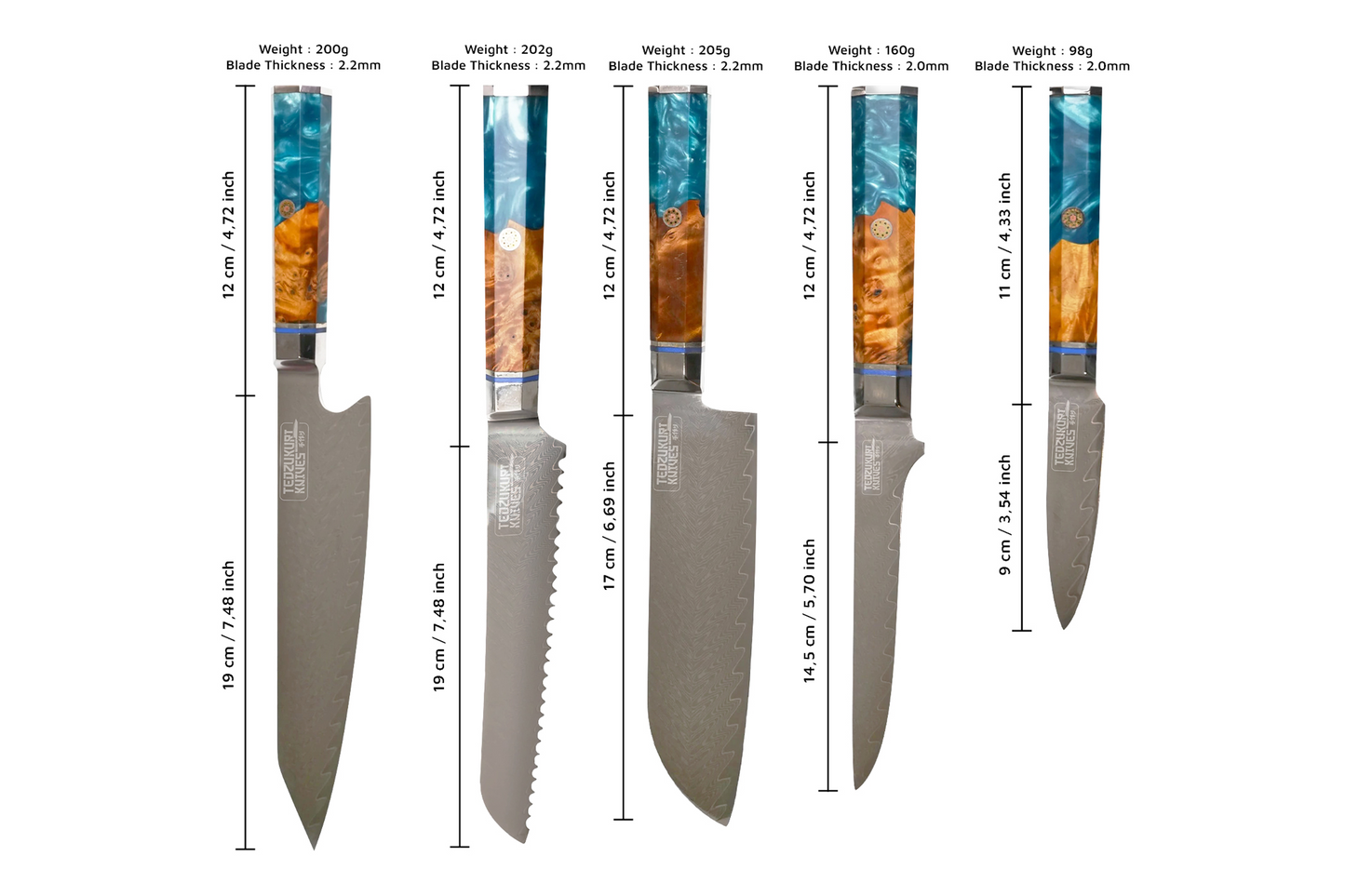 Kaigan 5 Piece Set - 67 Layer Japanese Damascus with Burlwood + Acrylic
