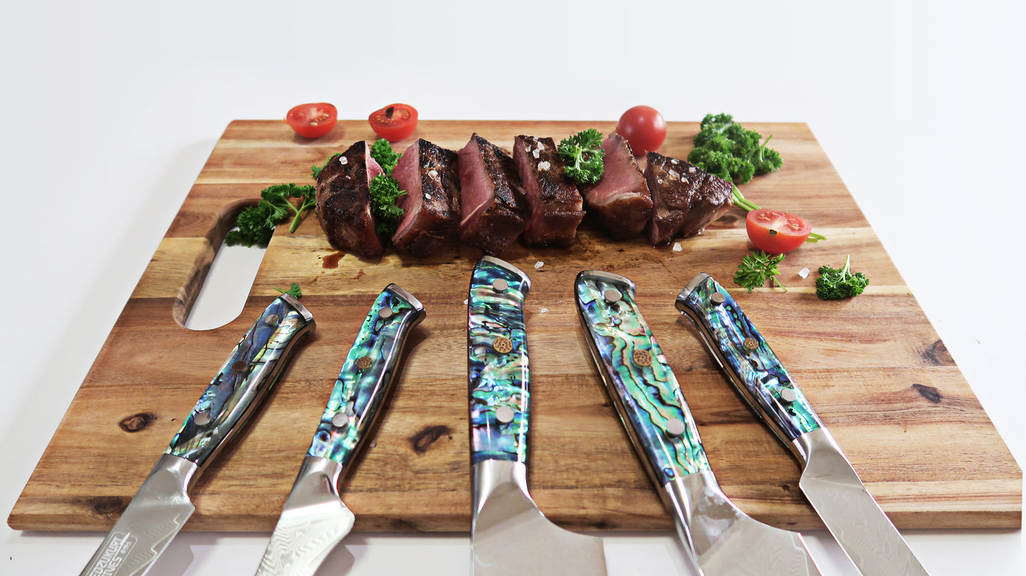 Awabi 5 Piece Set - Stainless Steel Blades with Abalone + Acrylic Handles
