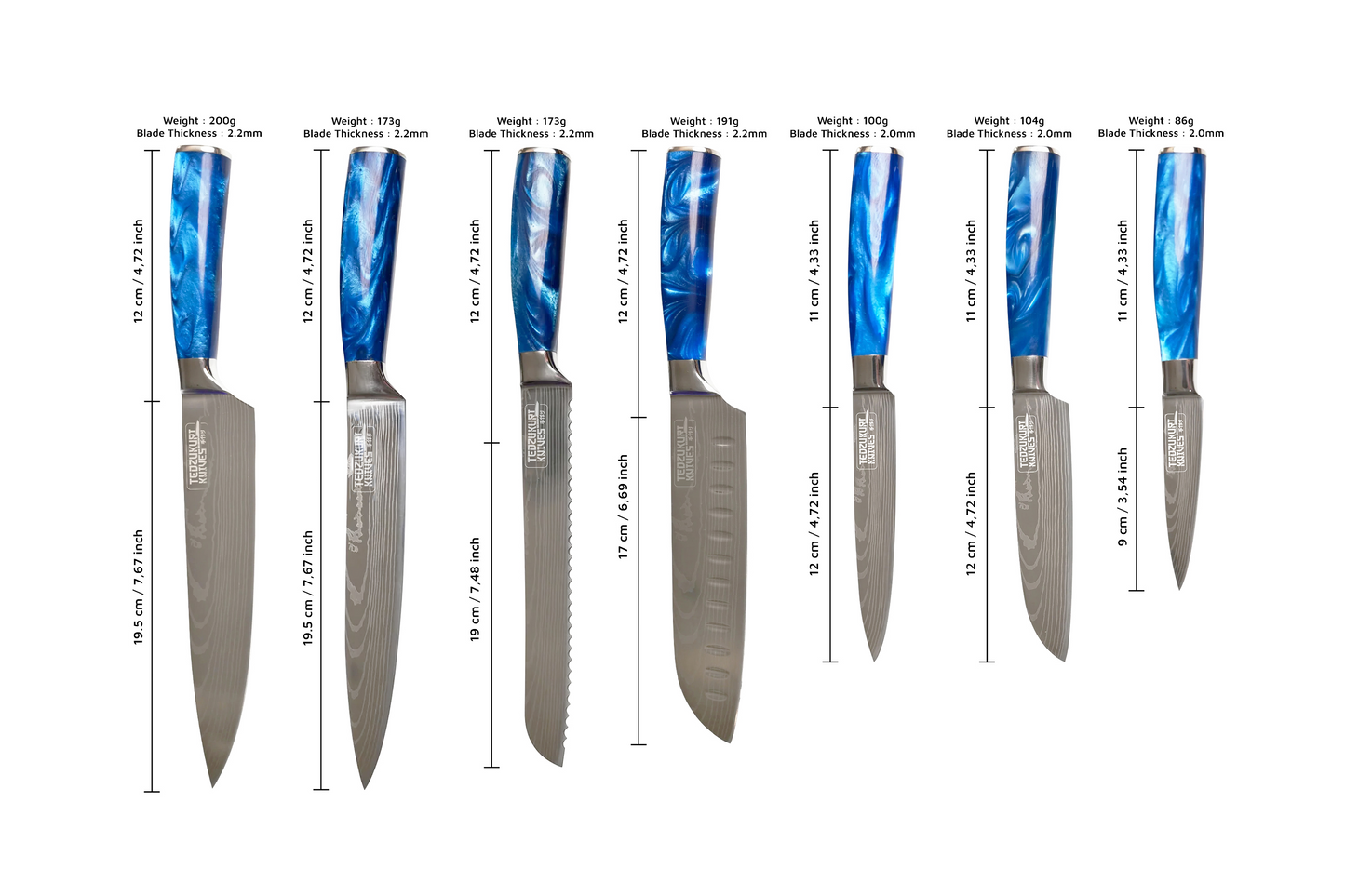 Epokishi 3,5 & 7 Piece Set - High Carbon Stainless Steel with Blue Acrylic