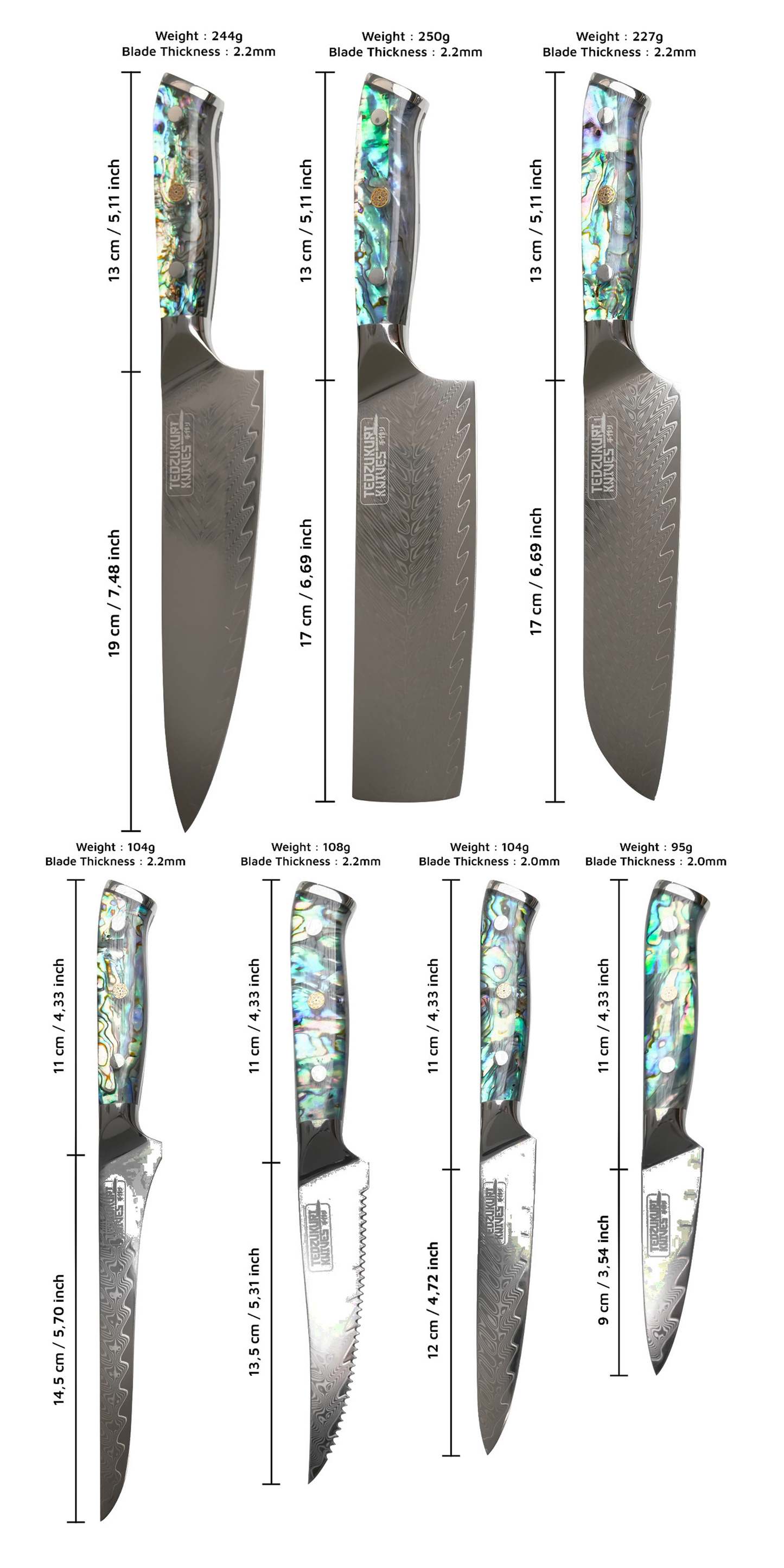 Awabi 7 Piece Set - 67 Layer Japanese Damascus with Abalone + Acrylic