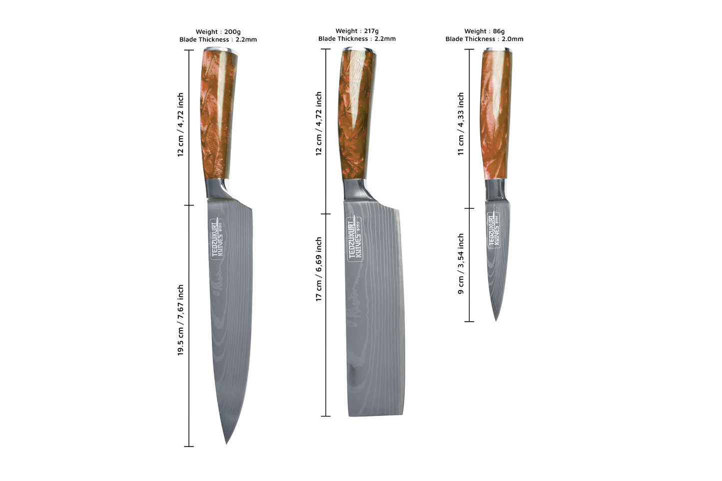 Epokishi 3 Piece Set - High Carbon Stainless Steel with Brown Acrylic