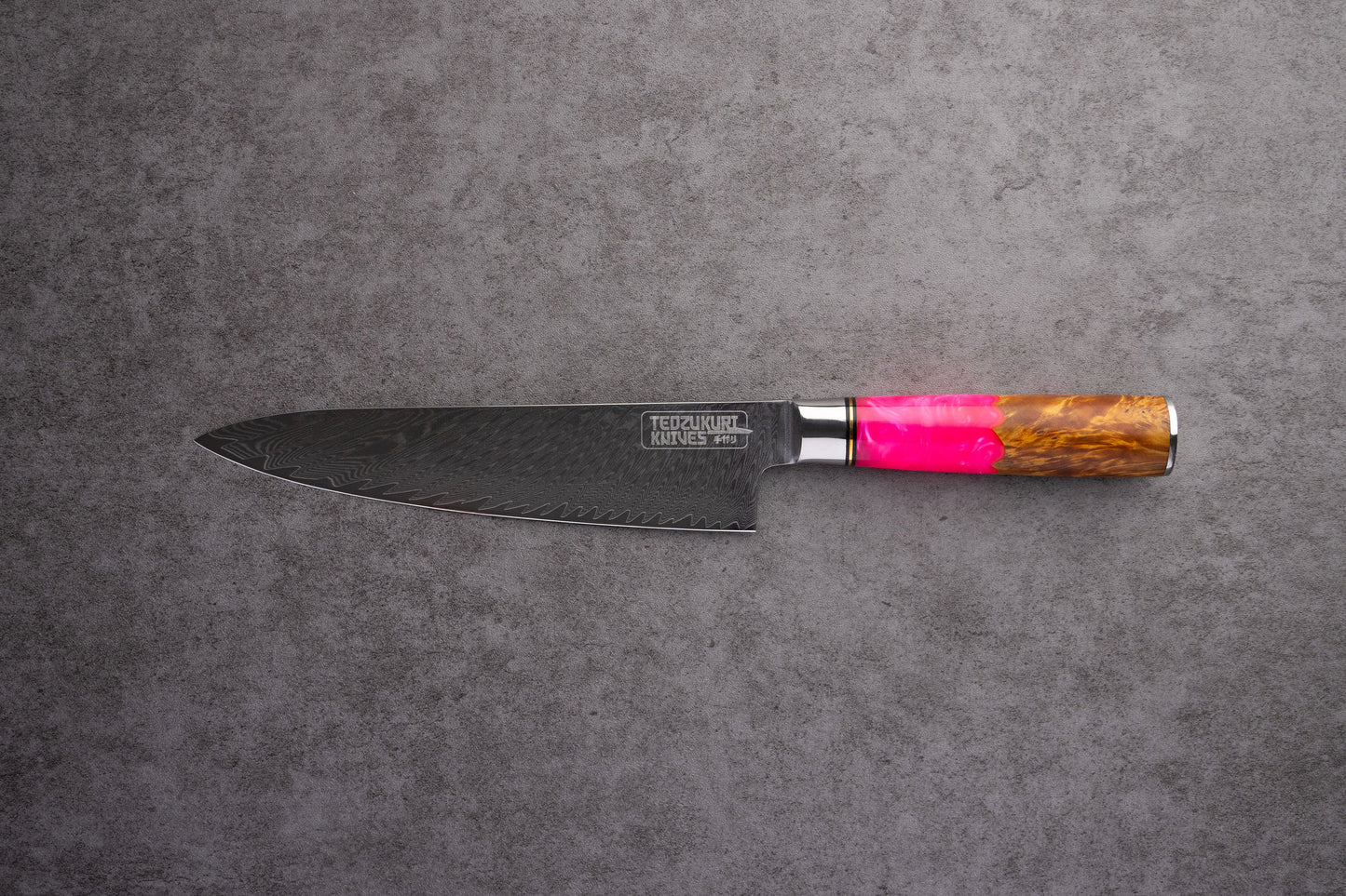 Pinku Chef 210mm 67 Layer Japanese Damascus with Burlwood + Pink Acrylic