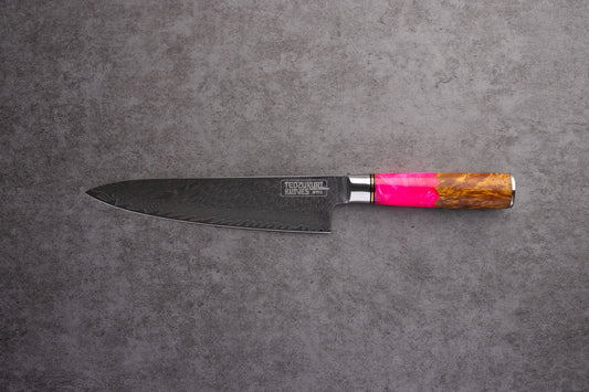 Pinku Chef 210mm 67 Layer Japanese Damascus with Burlwood + Pink Acrylic