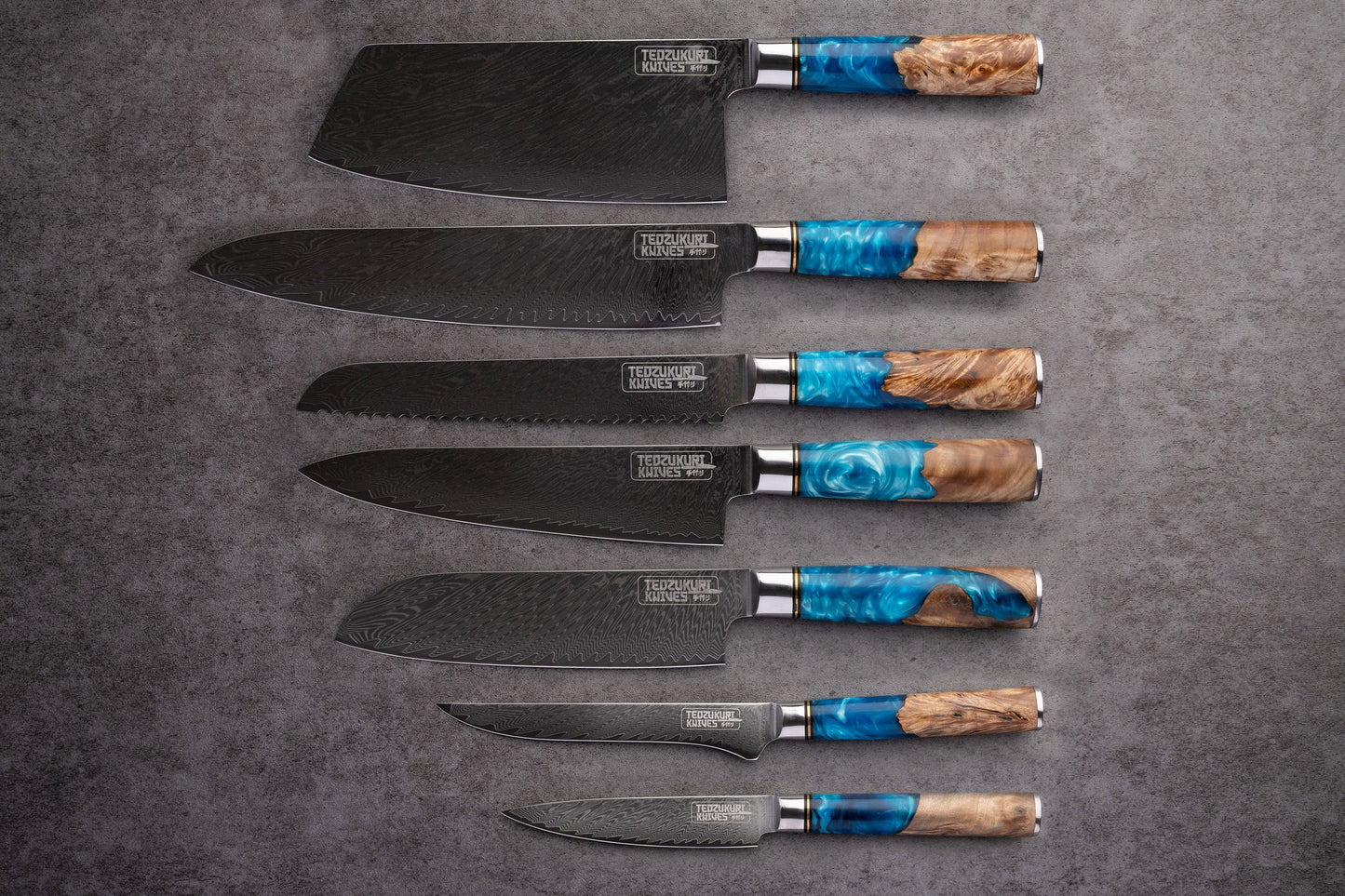 Enkei 2,5 & 7 Piece Set - 67 Layer Japanese Damascus with Burlwood + Acrylic