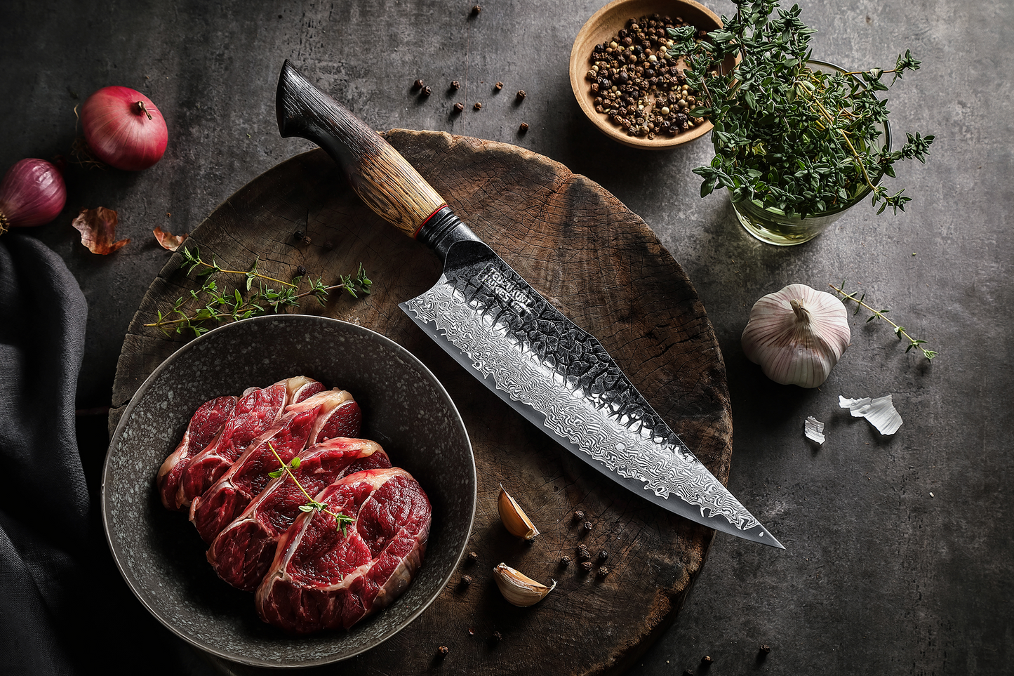 Yaki-Nara 216mm 67 Layer Japanese Damascus with Burnt Oak Chef Knife