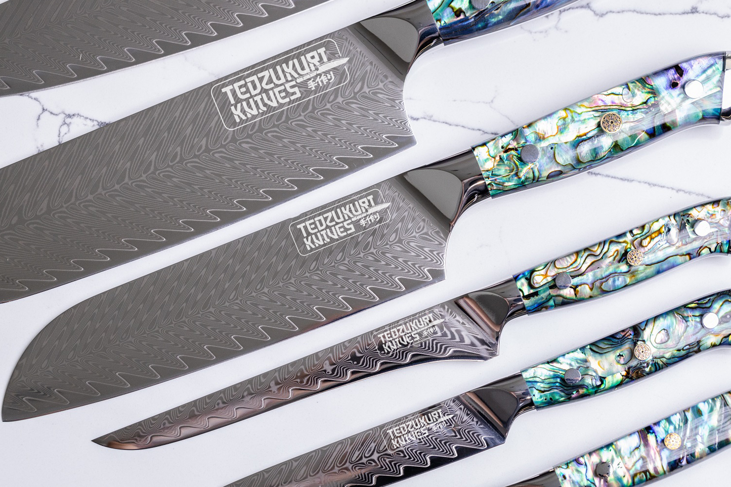 Awabi 5 Piece Set - 67 Layer Damascus with Abalone + Acrylic