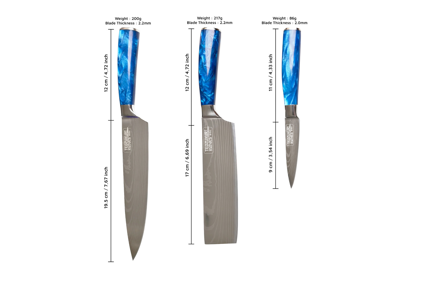 Epokishi 3,5 & 7 Piece Set - High Carbon Stainless Steel with Blue Acrylic