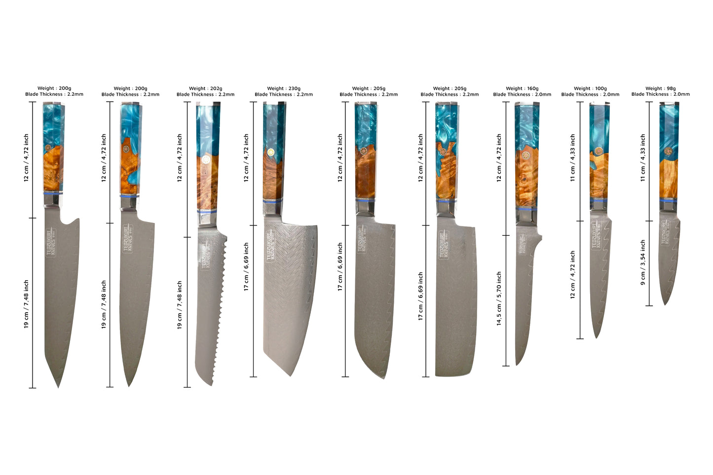 Kaigan 9 Piece Set - 67 Layer Japanese Damascus with Burlwood + Acrylic