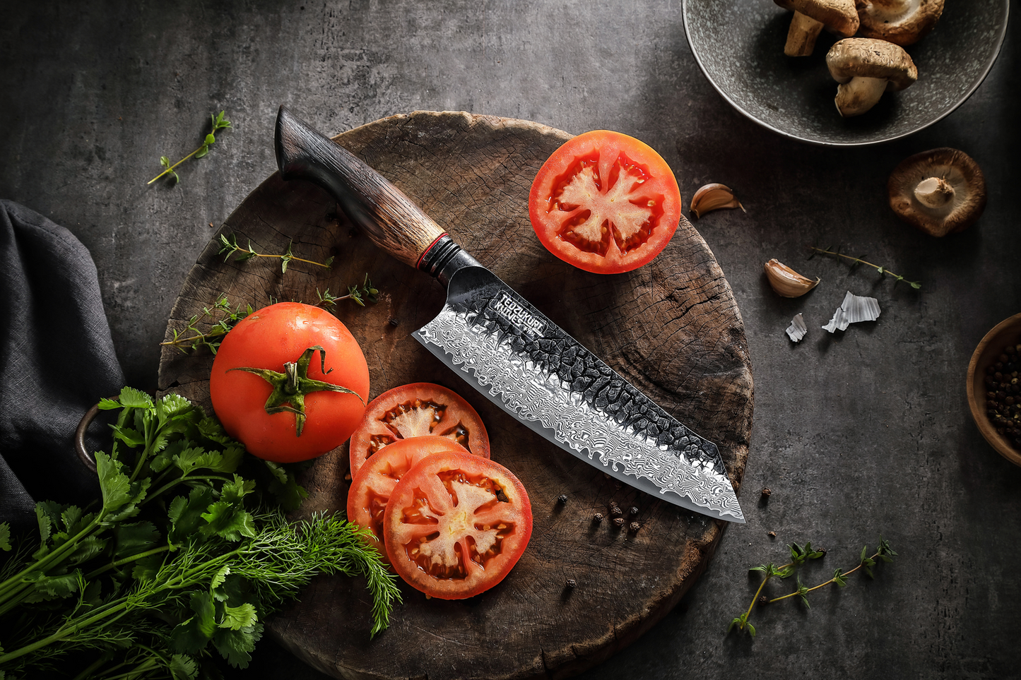 Yaki-Nara 190mm 67 Layer Japanese Damascus with Burnt Oak Santoku Knife