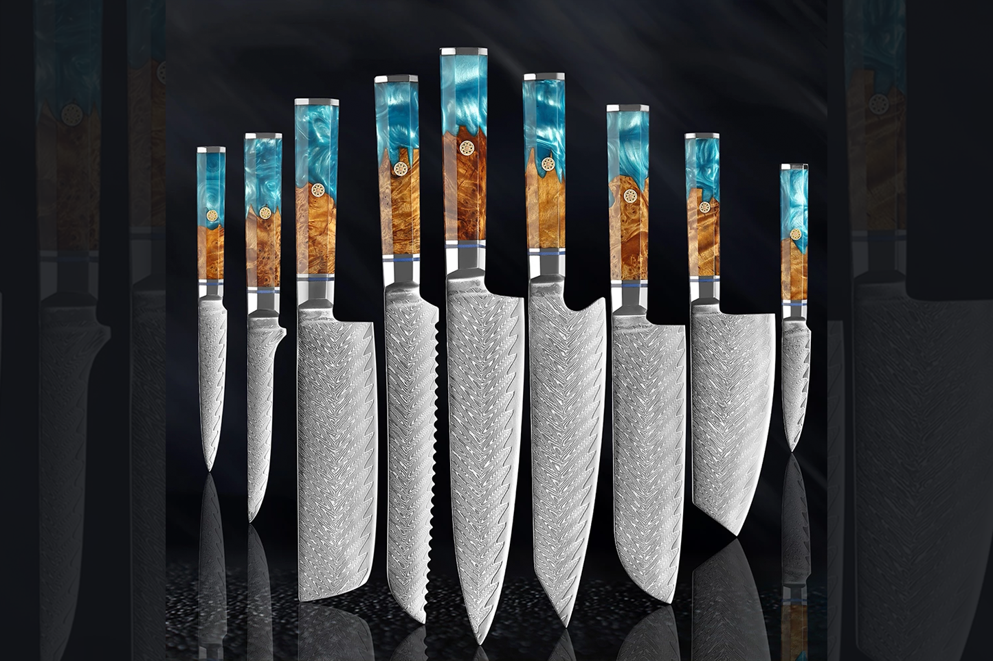 Kaigan 9 Piece Set - 67 Layer Japanese Damascus with Burlwood + Acrylic