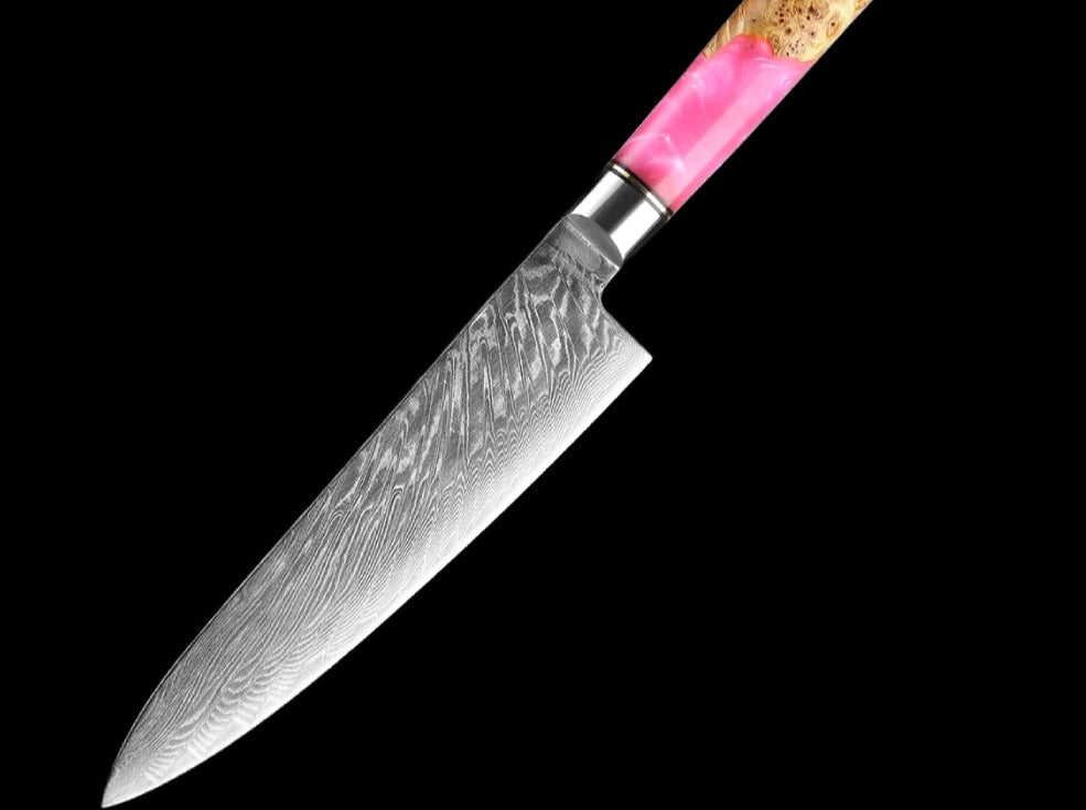 Pinku Chef 210mm 67 Layer Japanese Damascus with Burlwood + Pink Acrylic