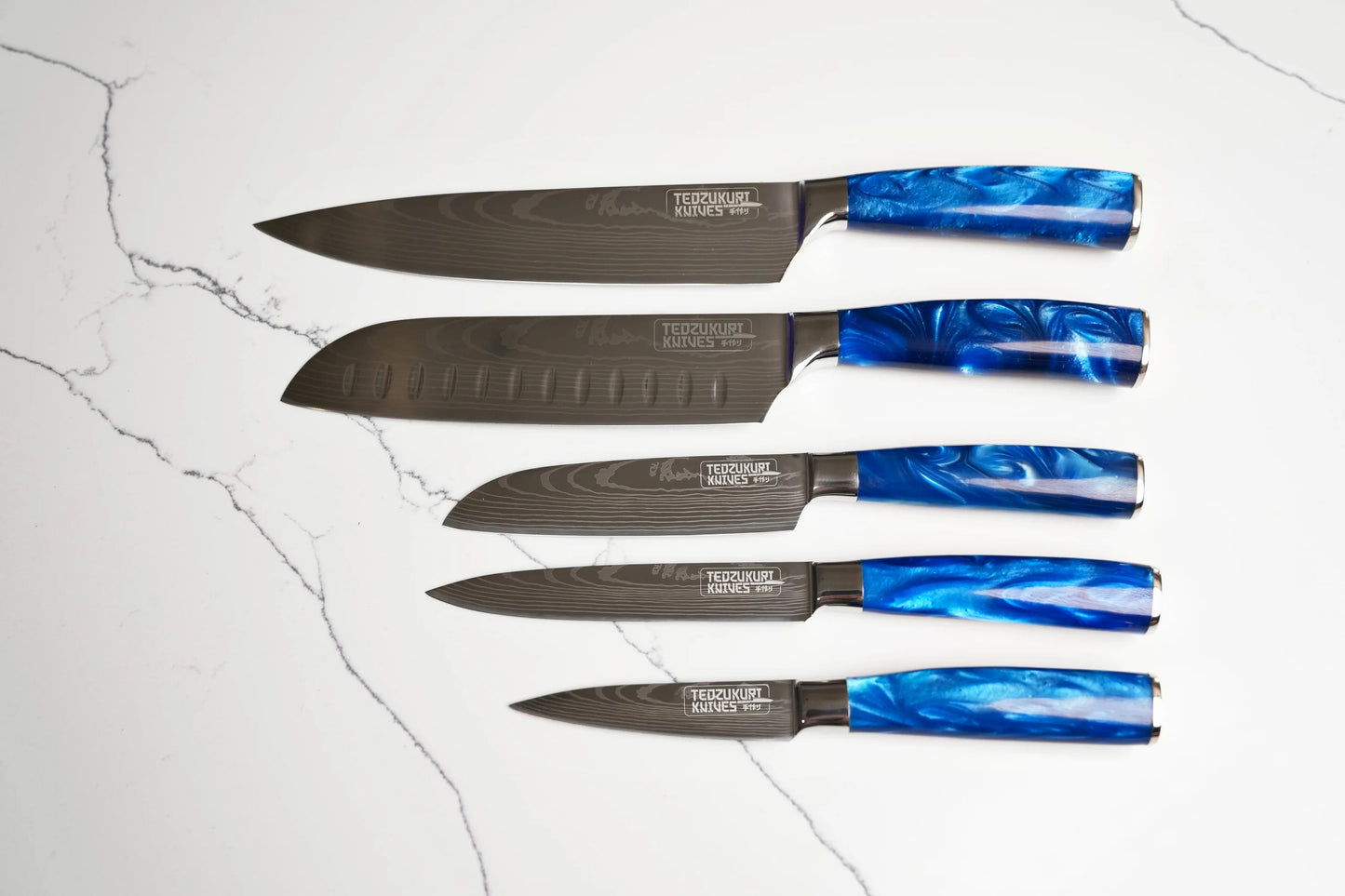 Beautiful Blue Resin Steak Knife Set With Damascus Engraved