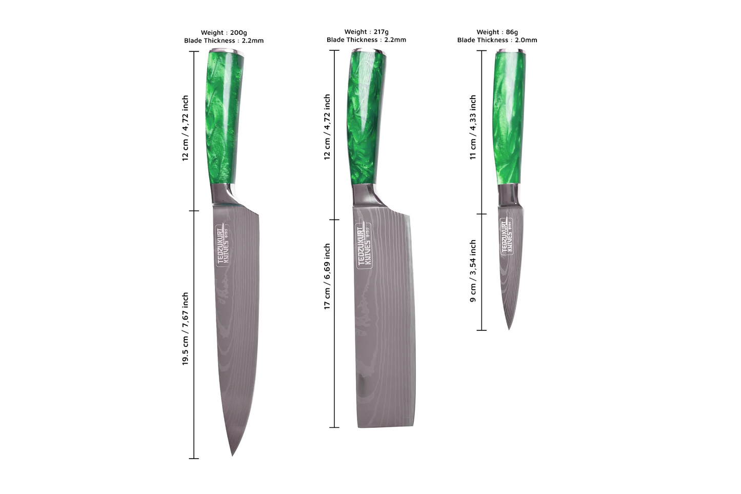 Epokishi 3 Piece Set - High Carbon Stainless Steel with Green Acrylic