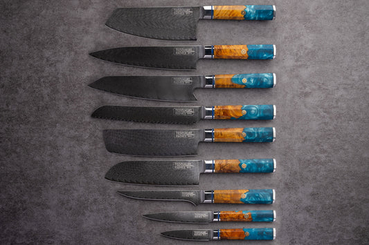 Kaigan 9 Piece Set - 67 Layer Japanese Damascus with Burlwood + Acrylic