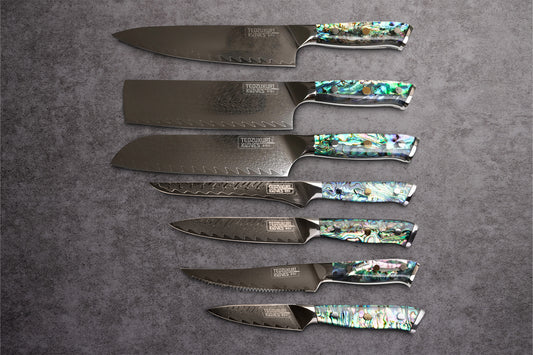 Awabi 7 Piece Set - 67 Layer Japanese Damascus with Abalone + Acrylic