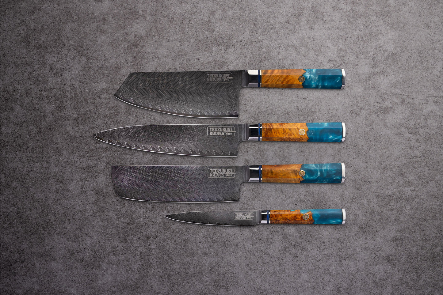 Kaigan 4 Piece Set - 67 Layer Japanese Damascus with Burlwood + Acrylic