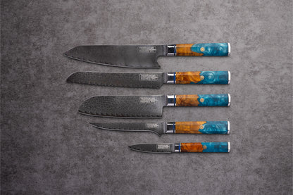 Kaigan 5 Piece Set - 67 Layer Japanese Damascus with Burlwood + Acrylic