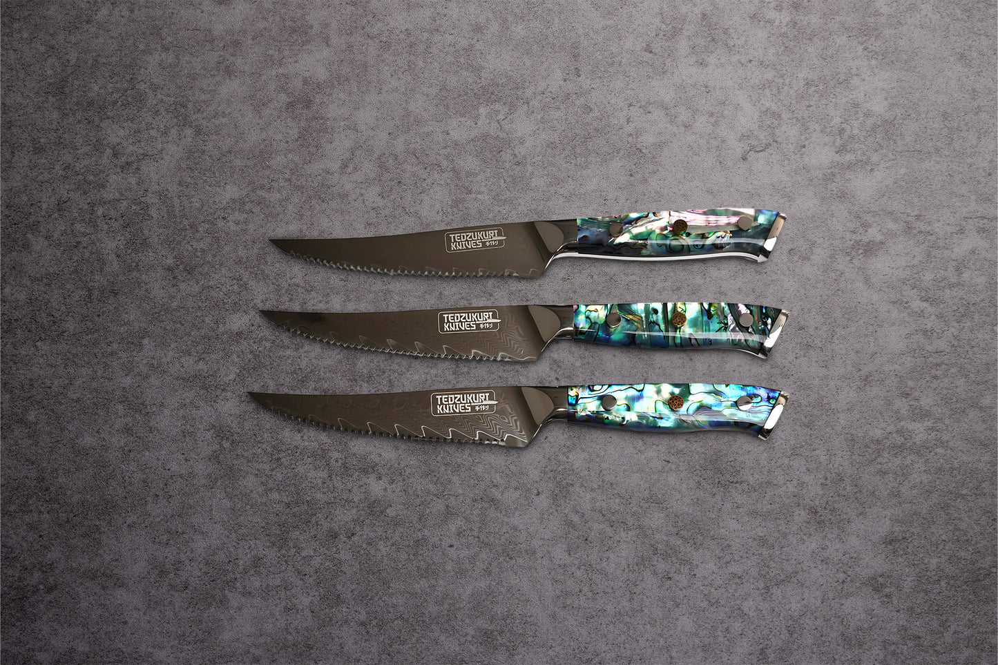 Awabi Steak Knives - 67 Layer Japanese Damascus with Abalone + Acrylic