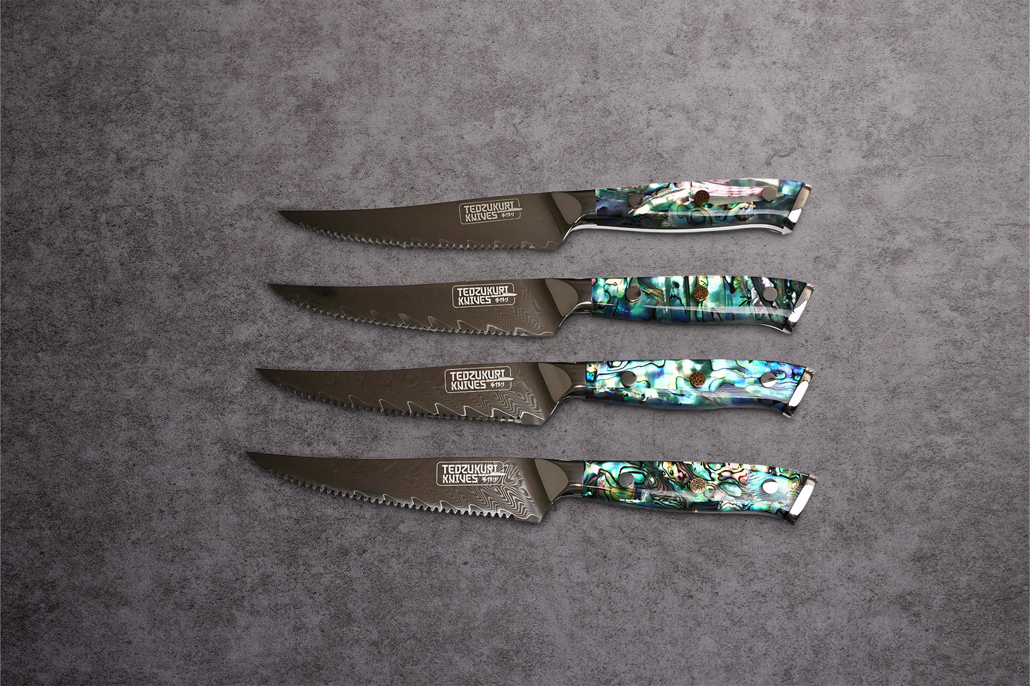 Awabi Steak Knives - 67 Layer Japanese Damascus with Abalone + Acrylic