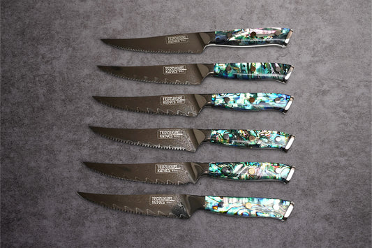 Awabi Steak Knives - 67 Layer Japanese Damascus with Abalone + Acrylic